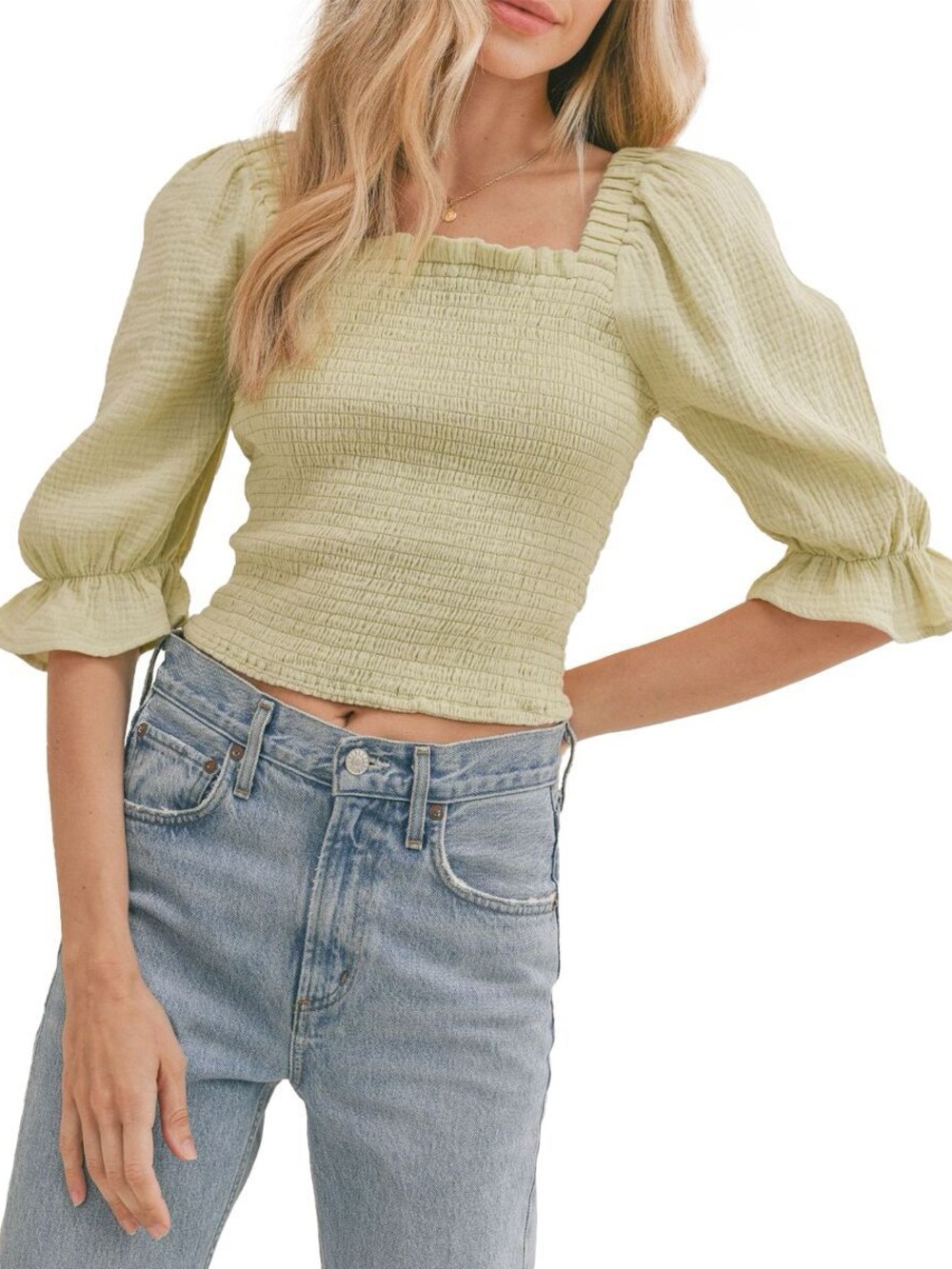 Sadie & Sage Light Green Smocked Crop Top